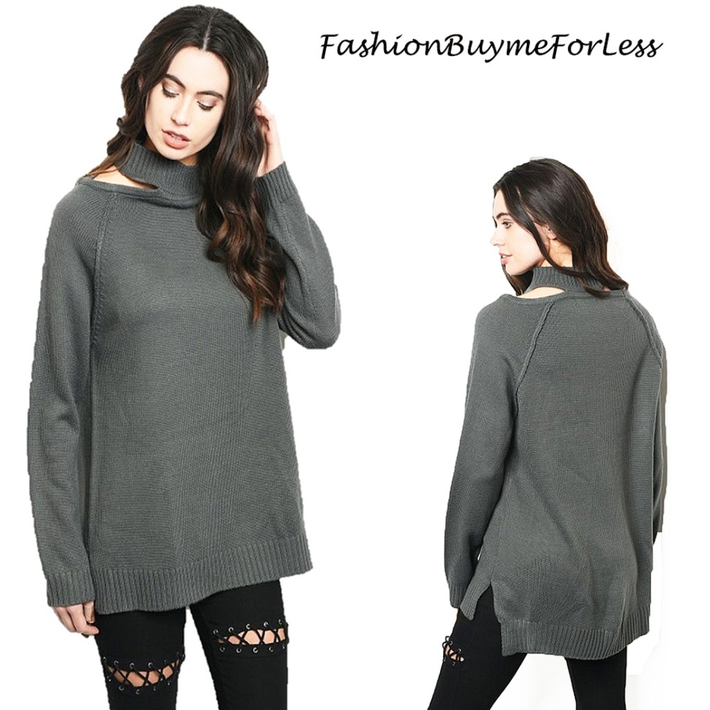 Charcoal Oversized Cut-out Collar Tunic Sweater